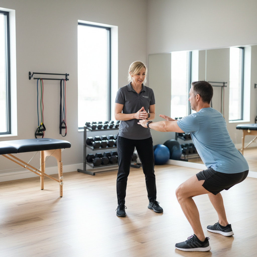 Physical therapist conducting one-on-one movement assessment with active adult in San Antonio orthopedic manual therapy clinic