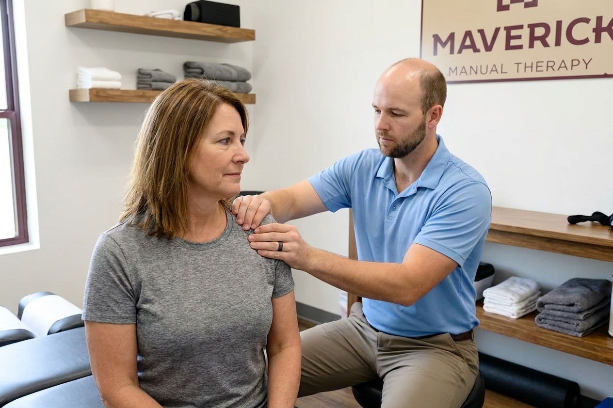 Physical therapist performing hands-on manual therapy on a patient's shoulder at a manual therapy clinic in San Antonio, TX