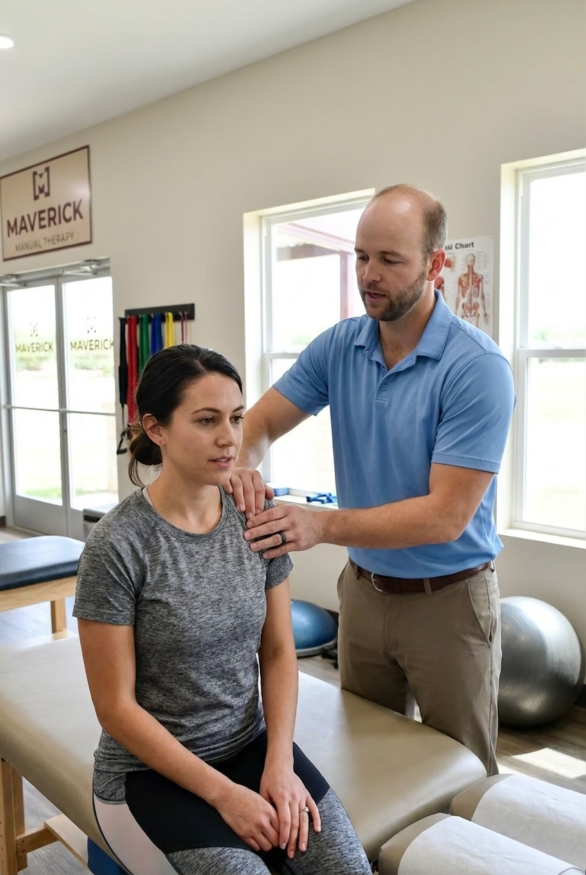 Patient receiving manual therapy on their shoulder at a physical therapy clinic in San Antonio, TX