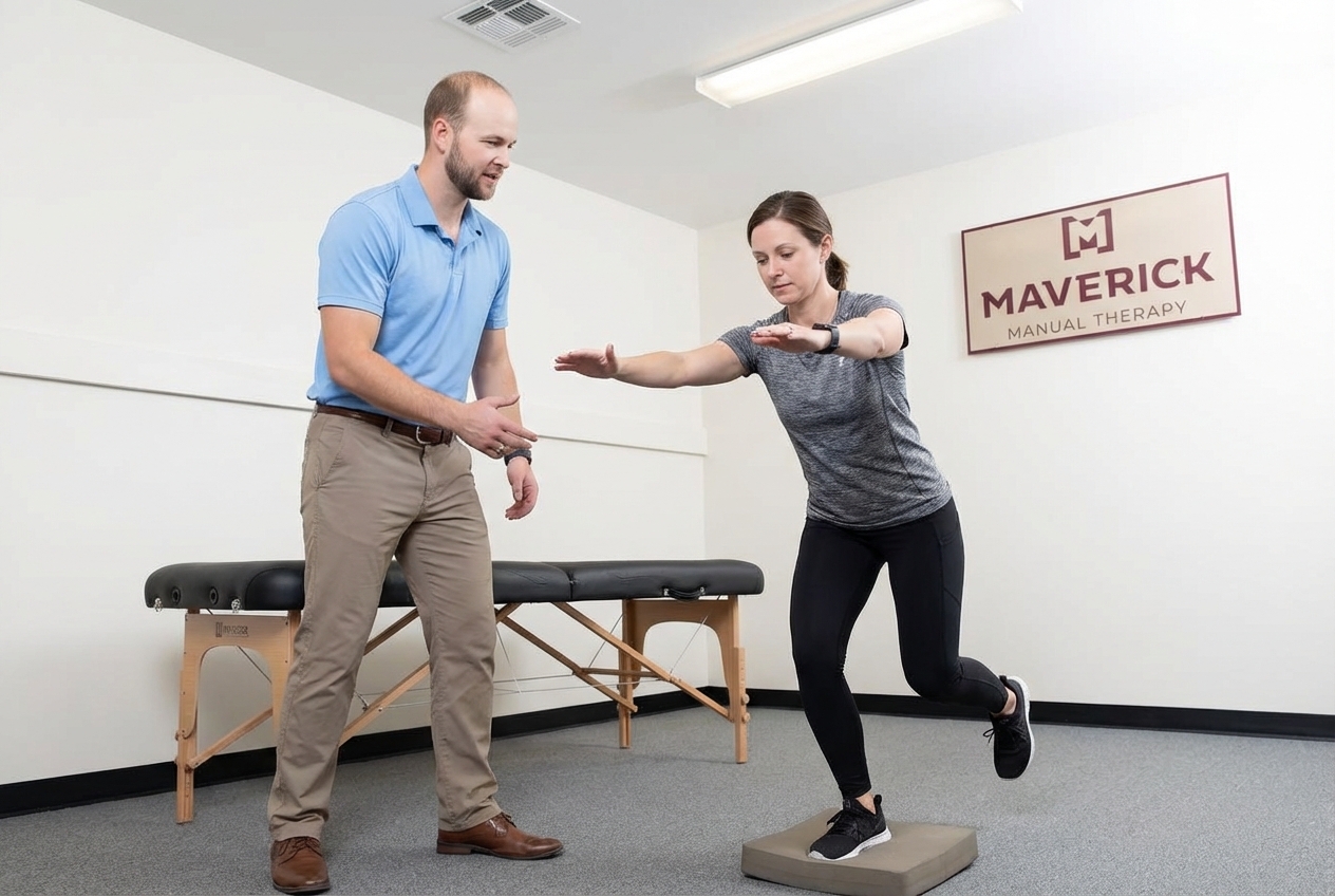 Patient working with a provider at a manual therapy clinic in San Antonio performing corrective exercises for injury recovery