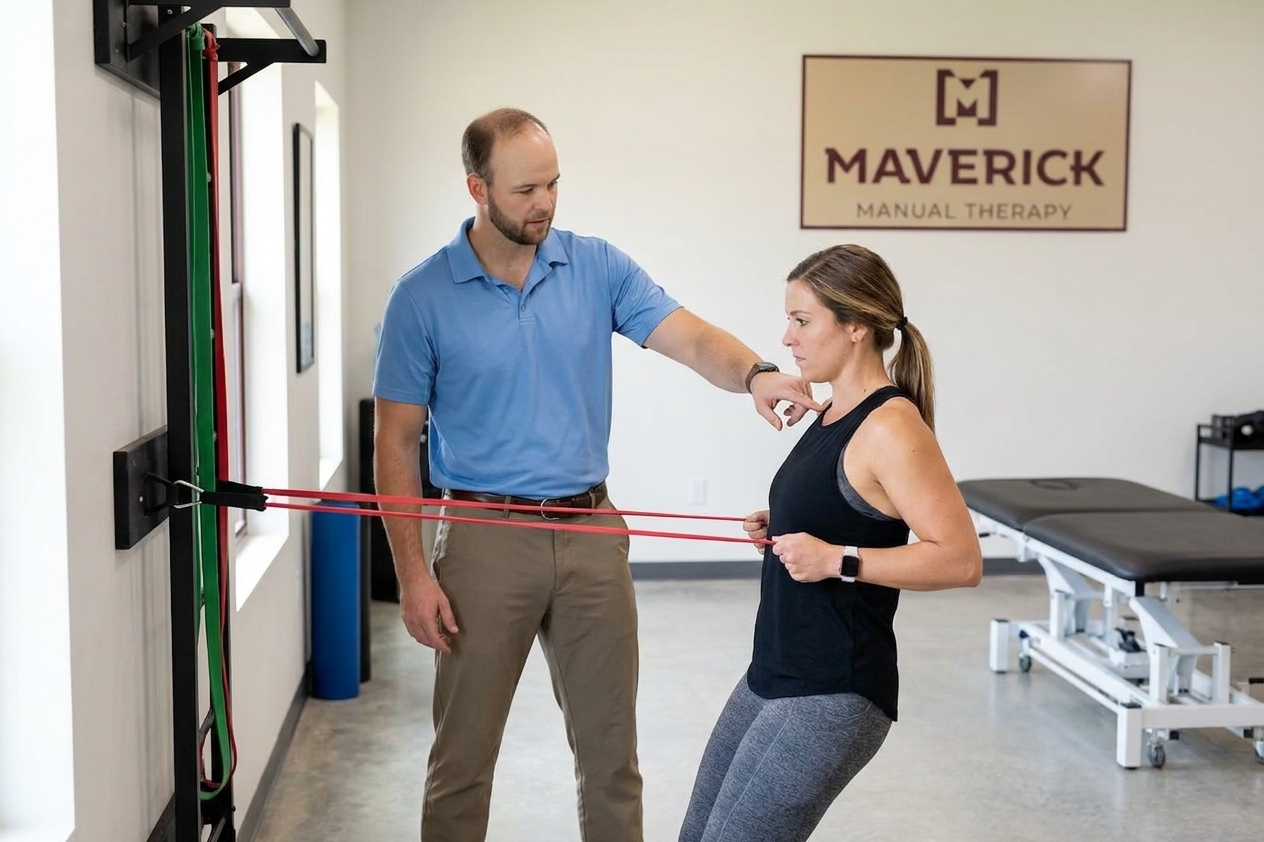 Athletic patient performing therapeutic exercise with a physical therapist at a manual therapy and sports rehabilitation clinic in San Antonio, TX