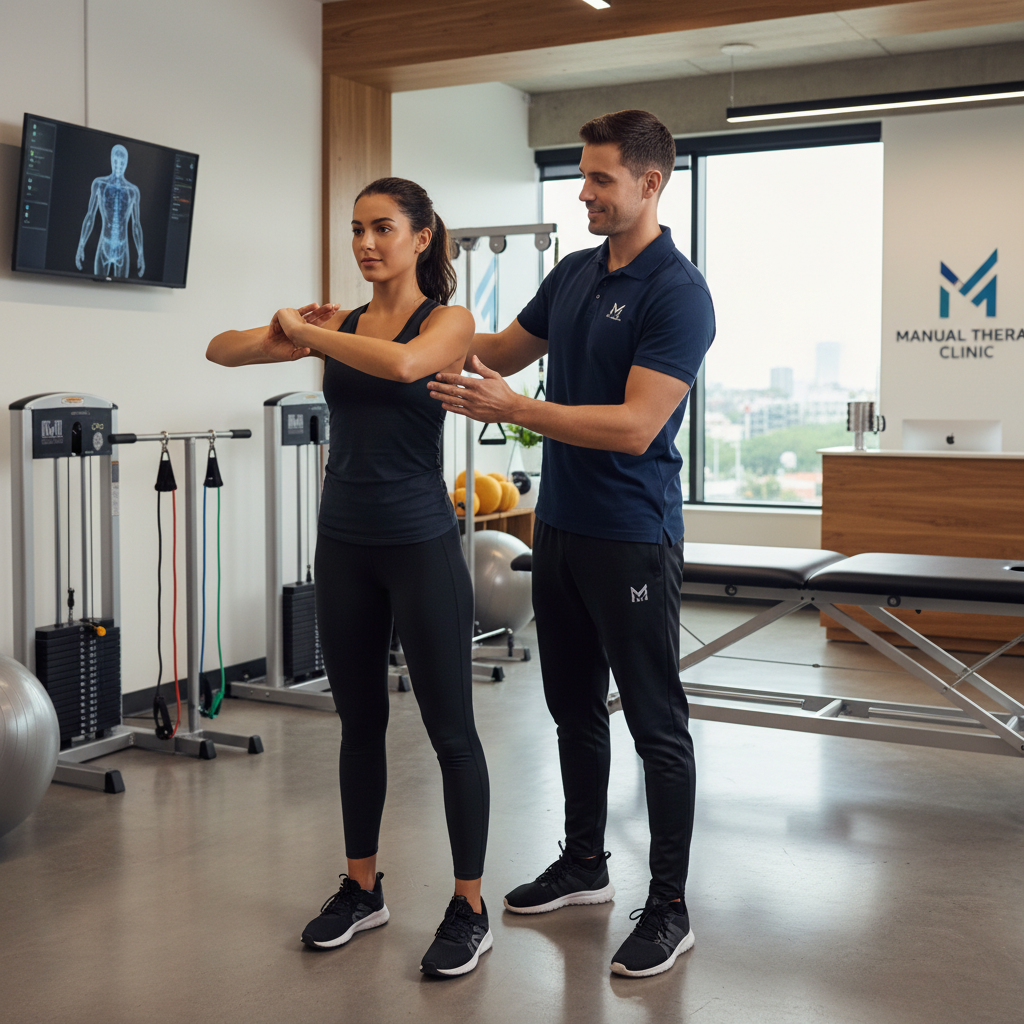 Physical therapist treating shoulder pain with manual therapy techniques at Maverick clinic in San Antonio, TX Physical therapist treating shoulder pain with manual therapy techniques at Maverick clinic in San Antonio, TX