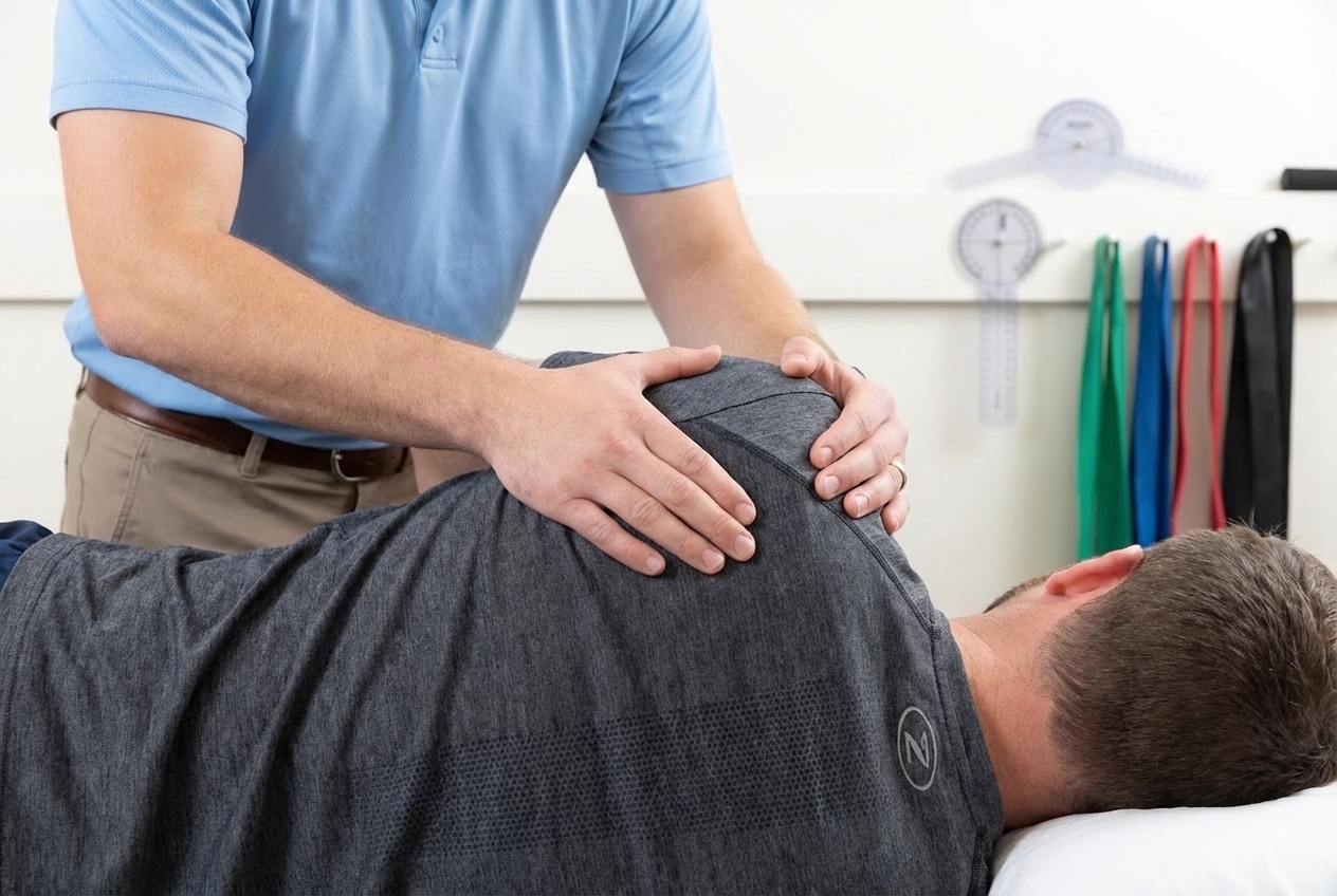 Patient working with a provider at a manual therapy clinic in San Antonio receiving hands-on shoulder treatment
